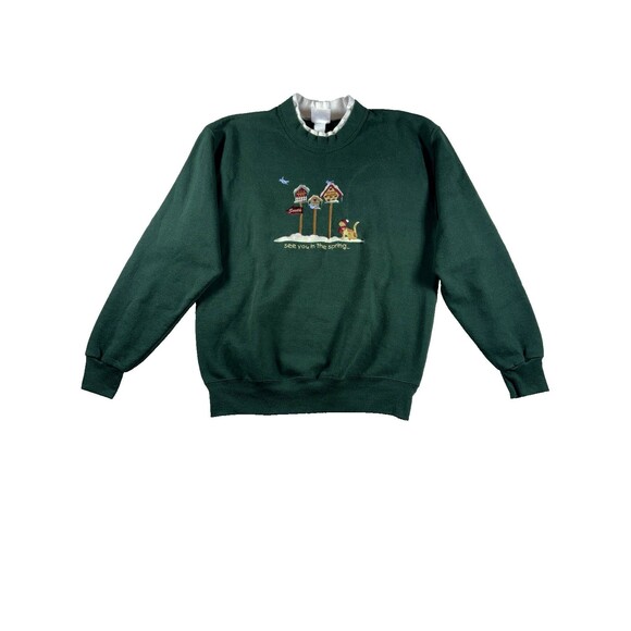 Sweaters - Vintage Top Threads Green Crewneck Sweatshirt Birdhouse Embroidery Cozy Casual